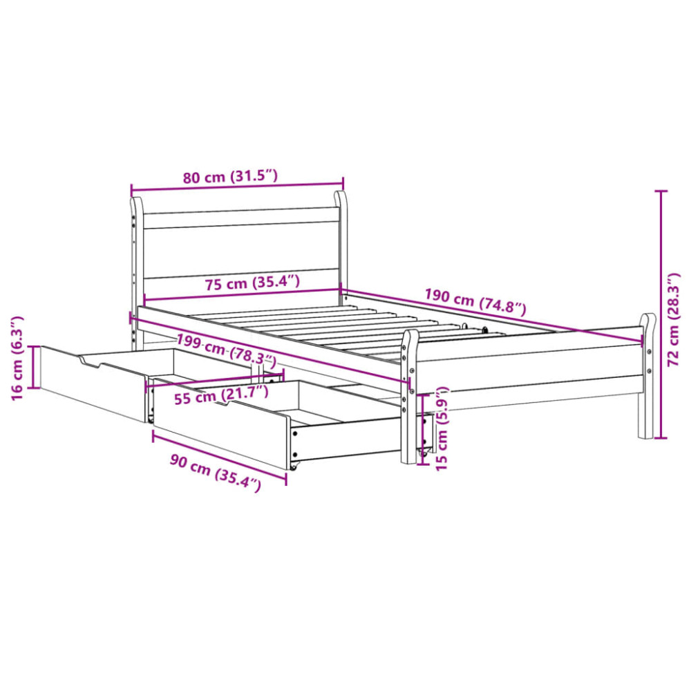 Produktbild för Sängram utan madrass vaxbrun 75x190 cm massiv furu