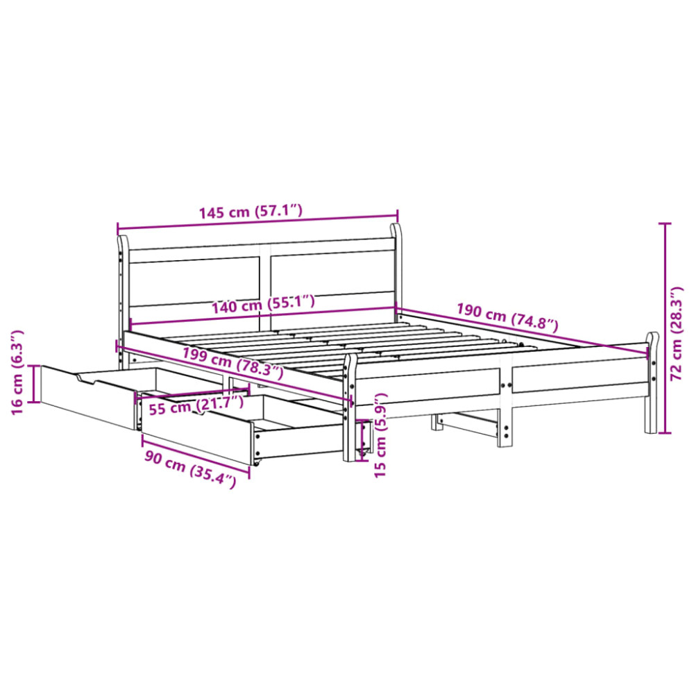Produktbild för Sängram utan madrass vaxbrun 140x190 cm massiv furu