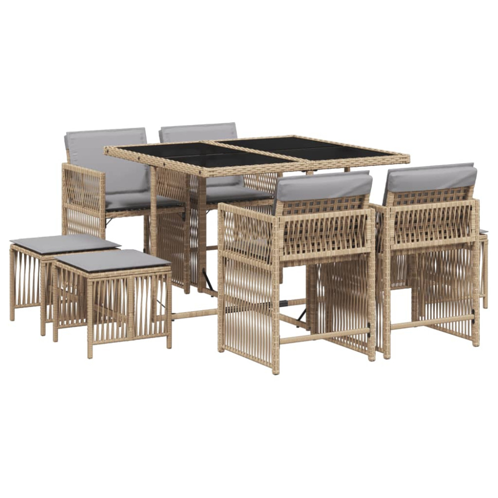 Produktbild för Matgrupp för trädgården med dynor 9 delar mixbeige konstrotting