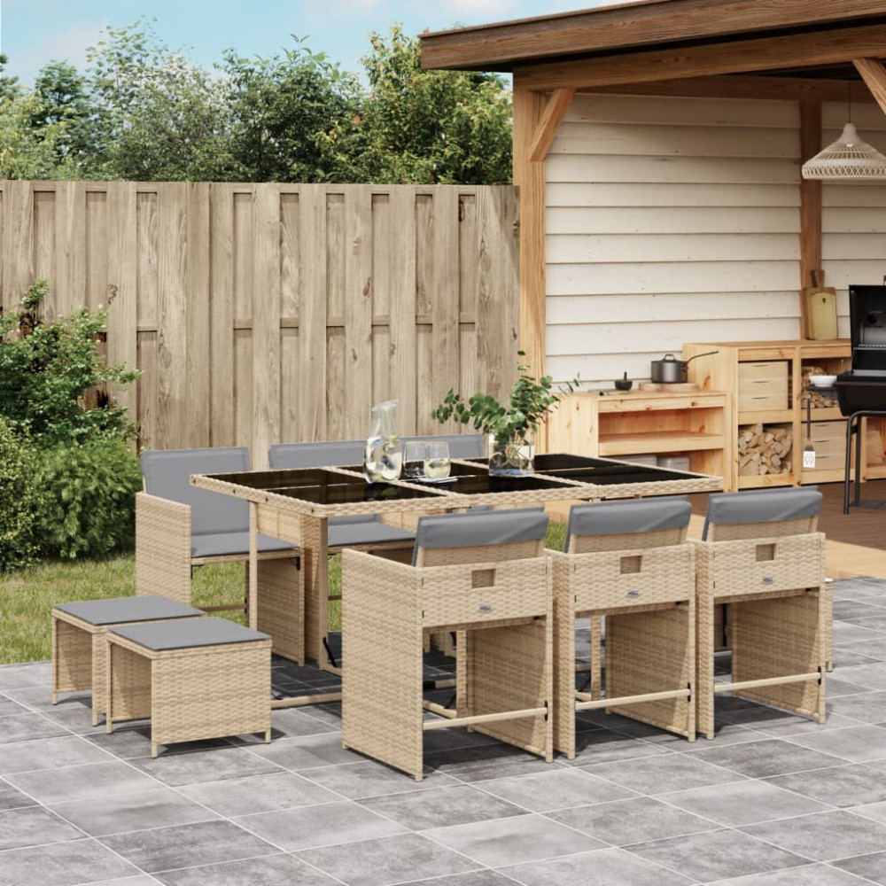 Produktbild för Matgrupp för trädgården med dynor 11delar mixbeige konstrotting