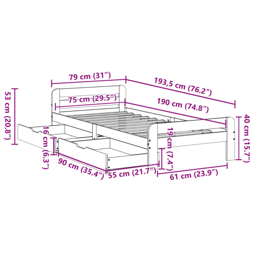 Produktbild för Sängram utan madrass vaxbrun 75x190 cm massiv furu