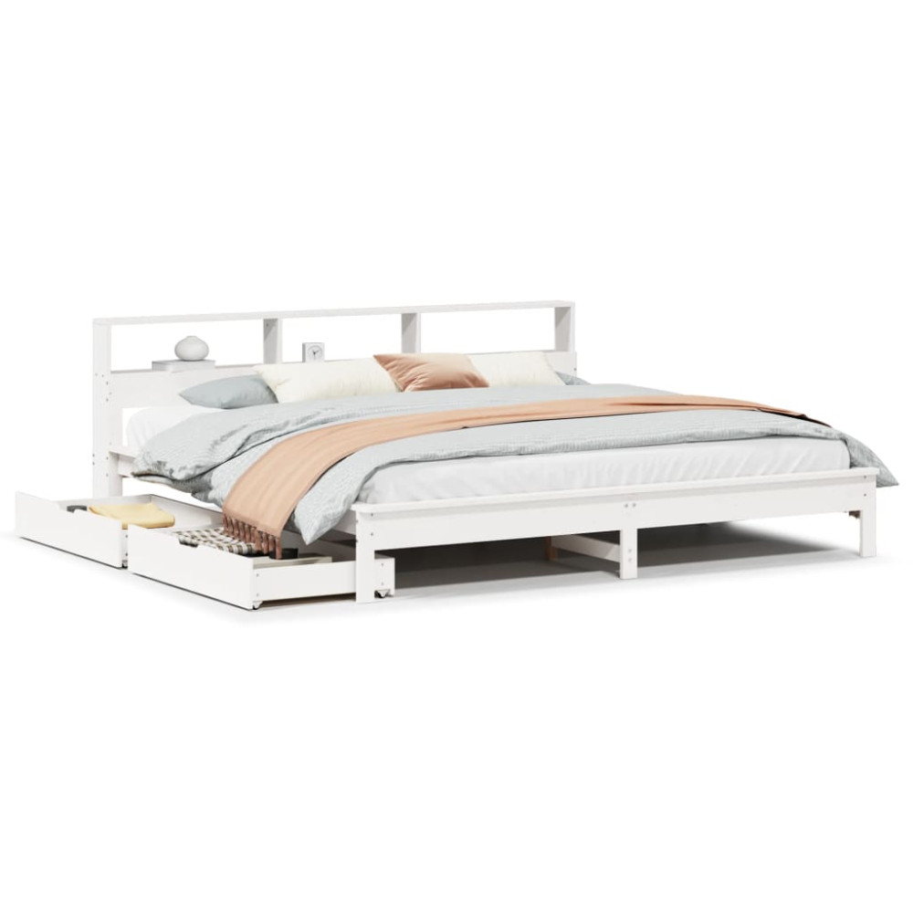 Produktbild för Säng med bokhylla utan madrass vit 180x200cm massiv furu