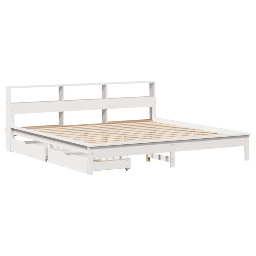 Produktbild för Säng med bokhylla utan madrass vit 180x200cm massiv furu