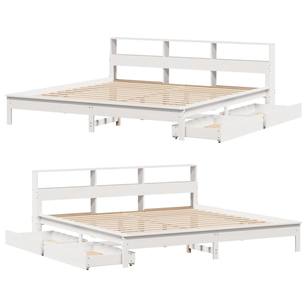 Produktbild för Säng med bokhylla utan madrass vit 180x200cm massiv furu