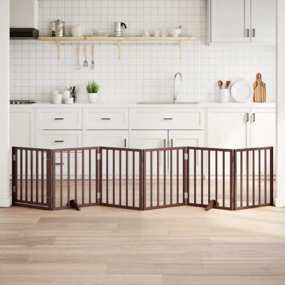 Produktbild för Hundgrind med dörr vikbar 6 paneler brun 300 cm poppel