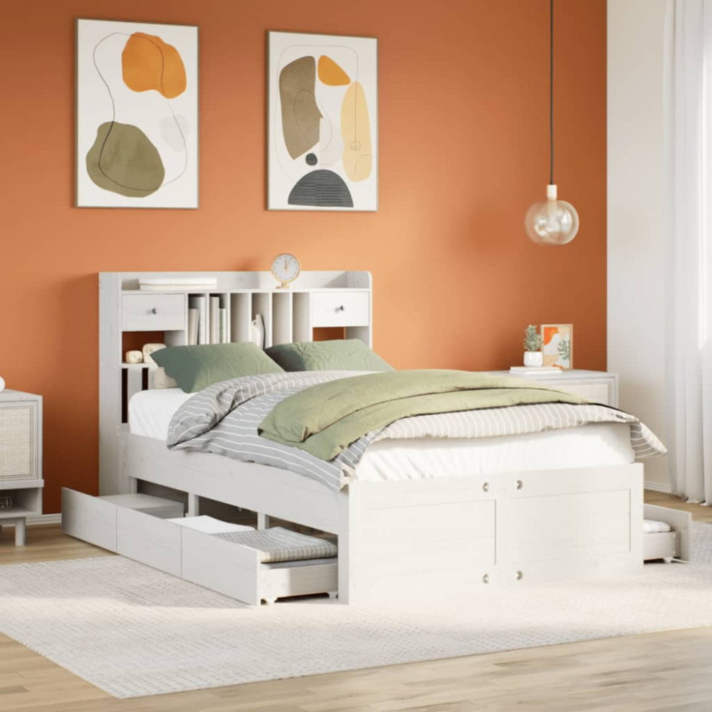 Produktbild för Säng med bokhylla utan madrass vit 135x190cm massiv furu