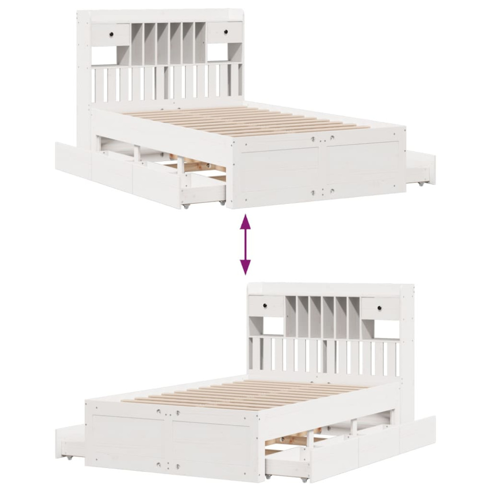 Produktbild för Säng med bokhylla utan madrass vit 135x190cm massiv furu