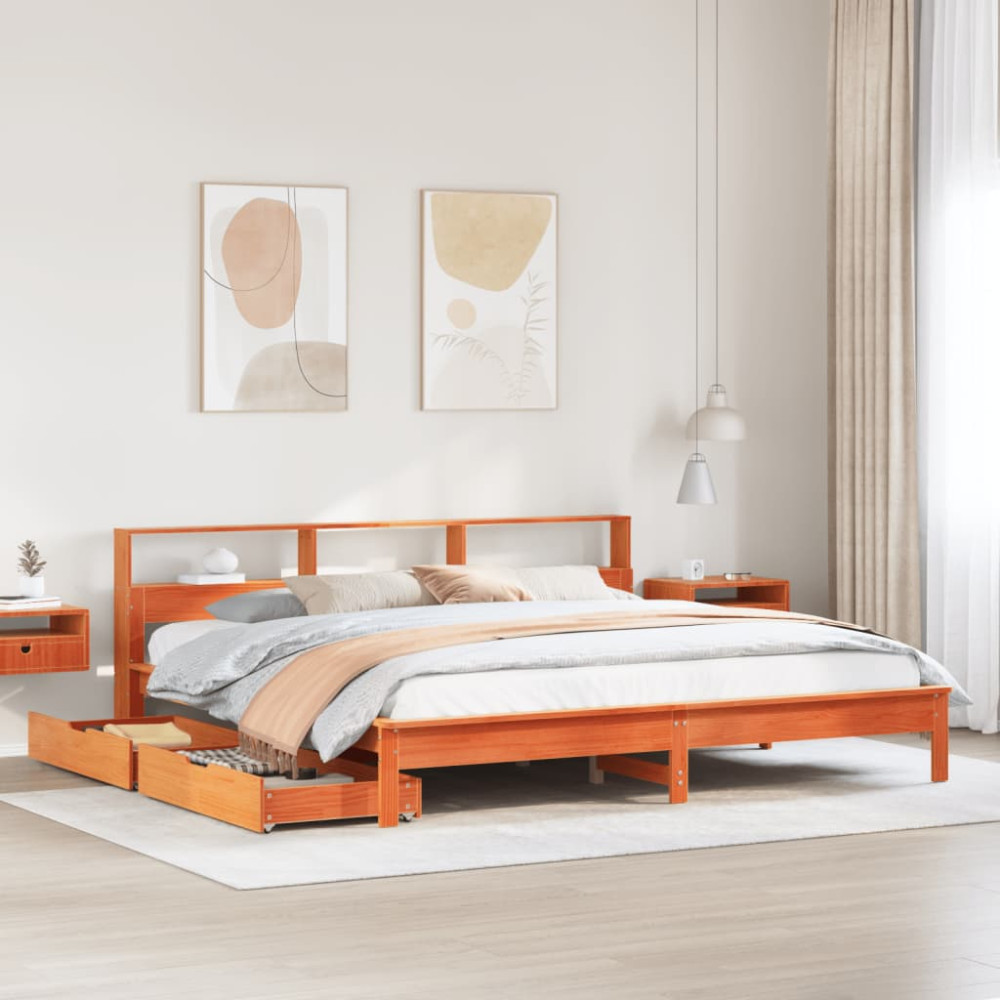 Produktbild för Säng med bokhylla utan madrass vaxbrun 180x200cm massiv furu
