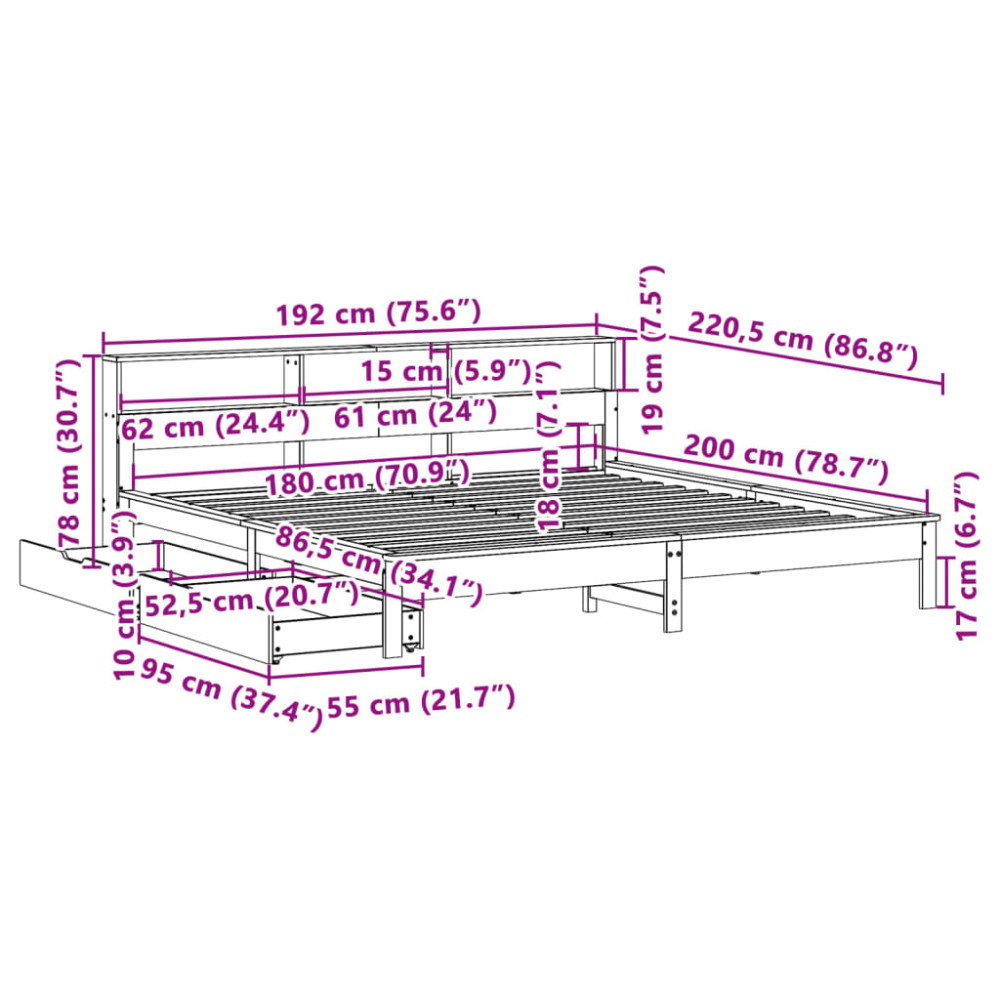 Produktbild för Säng med bokhylla utan madrass vaxbrun 180x200cm massiv furu