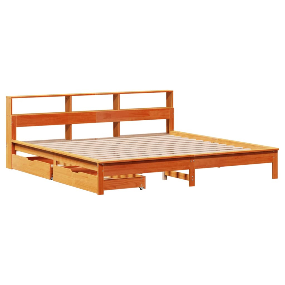 Produktbild för Säng med bokhylla utan madrass vaxbrun 180x200cm massiv furu