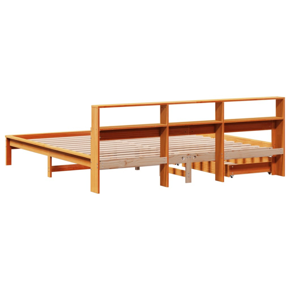 Produktbild för Säng med bokhylla utan madrass vaxbrun 180x200cm massiv furu