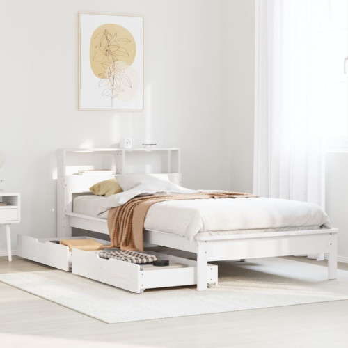 vidaXL Säng med bokhylla utan madrass vit 100x200cm massiv furu