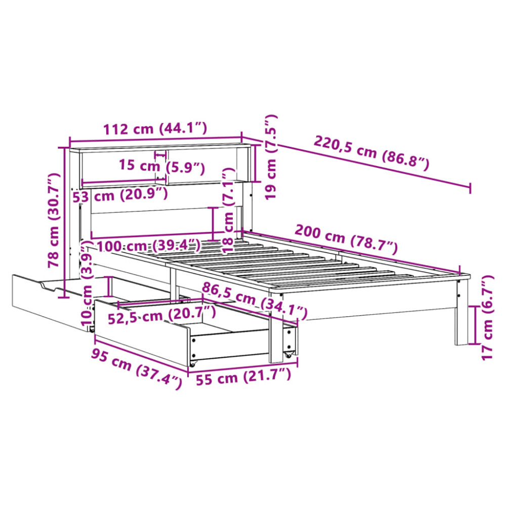 Produktbild för Säng med bokhylla utan madrass vit 100x200cm massiv furu