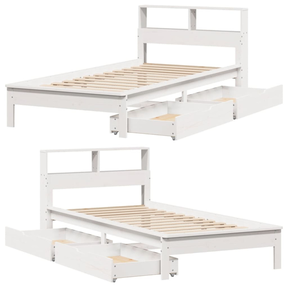 Produktbild för Säng med bokhylla utan madrass vit 100x200cm massiv furu