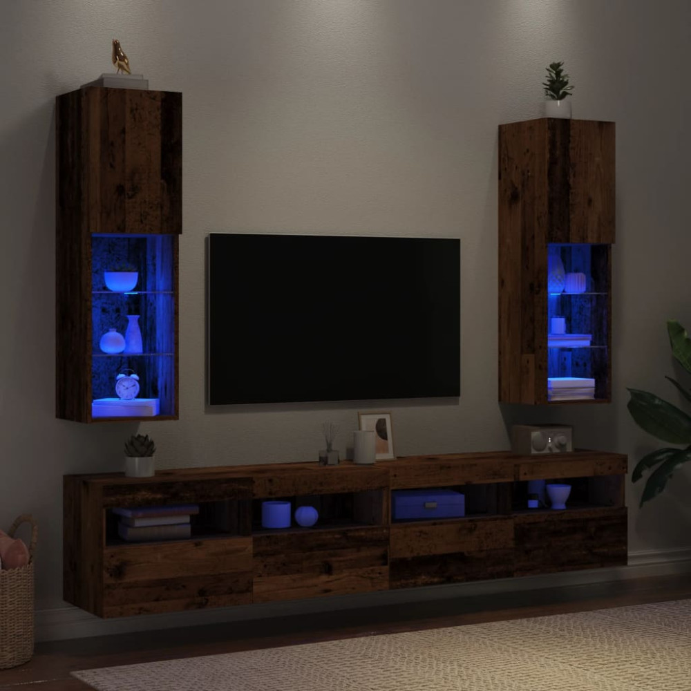 Produktbild för Tv-bänk med LED-belysning 2 st åldrat trä 30,5x30x102 cm