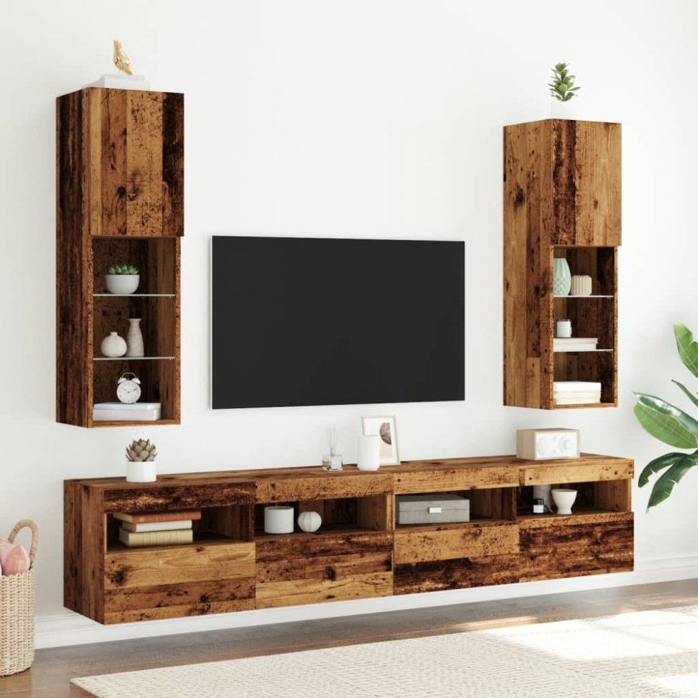 Produktbild för Tv-bänk med LED-belysning 2 st åldrat trä 30,5x30x102 cm