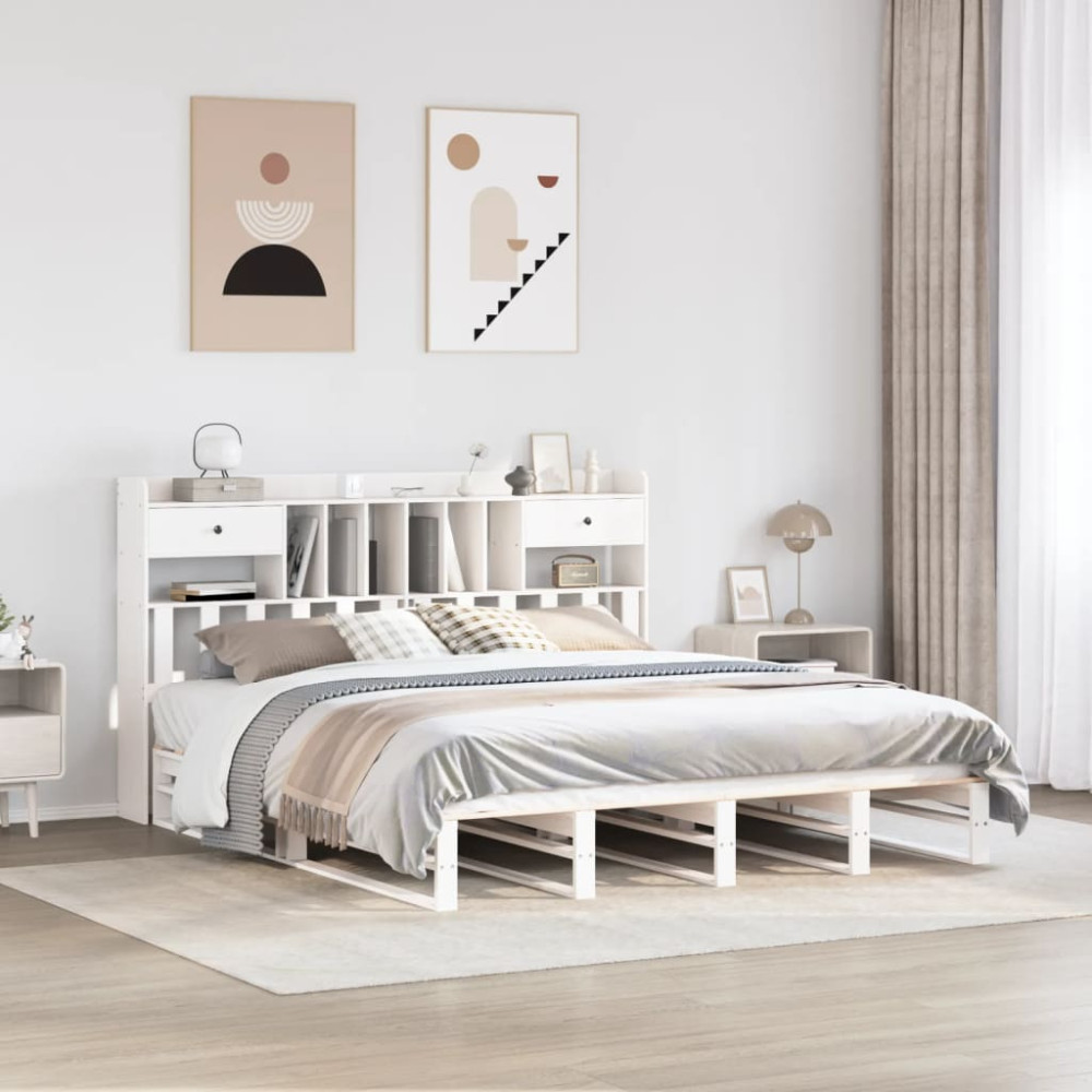 Produktbild för Säng med bokhylla utan madrass vit 180x200cm massiv furu