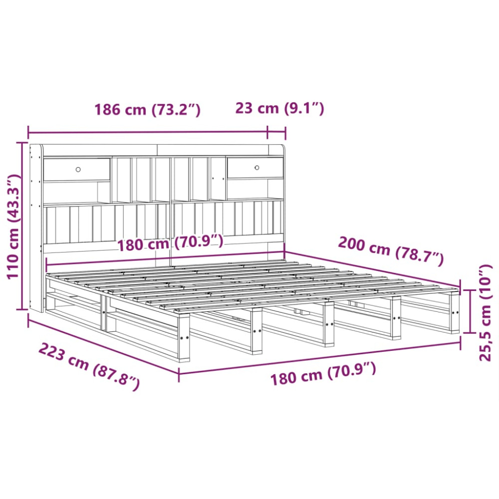 Produktbild för Säng med bokhylla utan madrass vit 180x200cm massiv furu