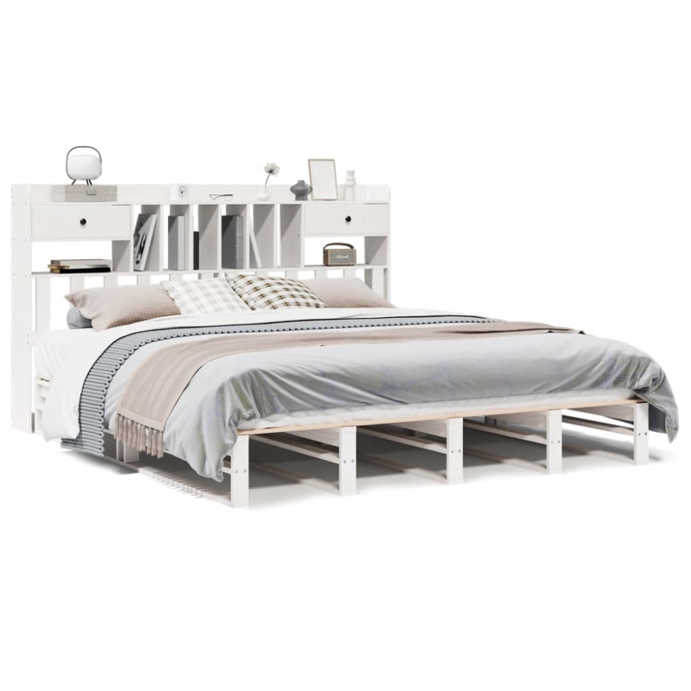 Produktbild för Säng med bokhylla utan madrass vit 180x200cm massiv furu