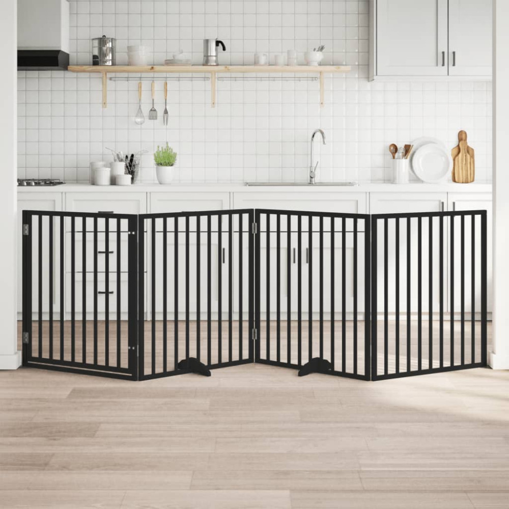 Produktbild för Hundgrind med dörr vikbar 4 paneler svart 320 cm poppel