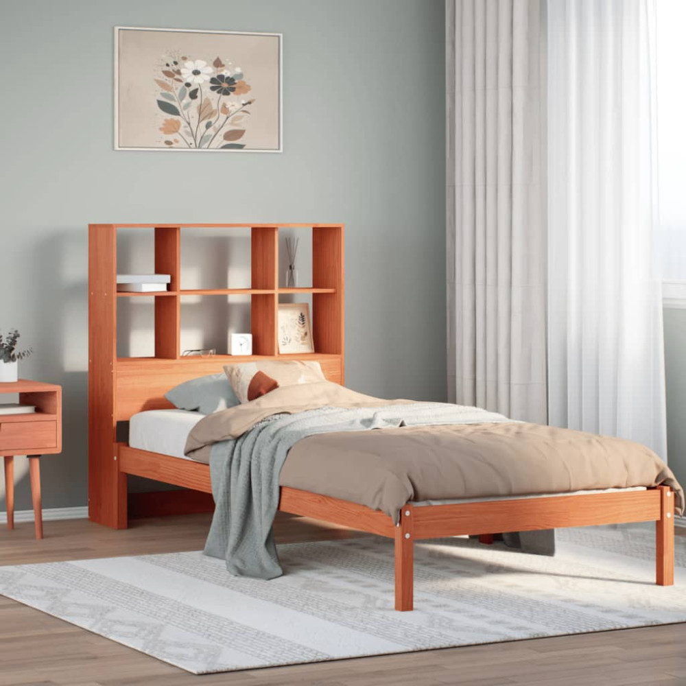 Produktbild för Säng med bokhylla utan madrass vaxbrun 75x190 cm massiv furu