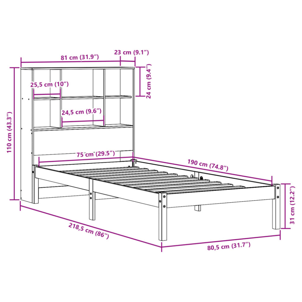 Produktbild för Säng med bokhylla utan madrass vaxbrun 75x190 cm massiv furu
