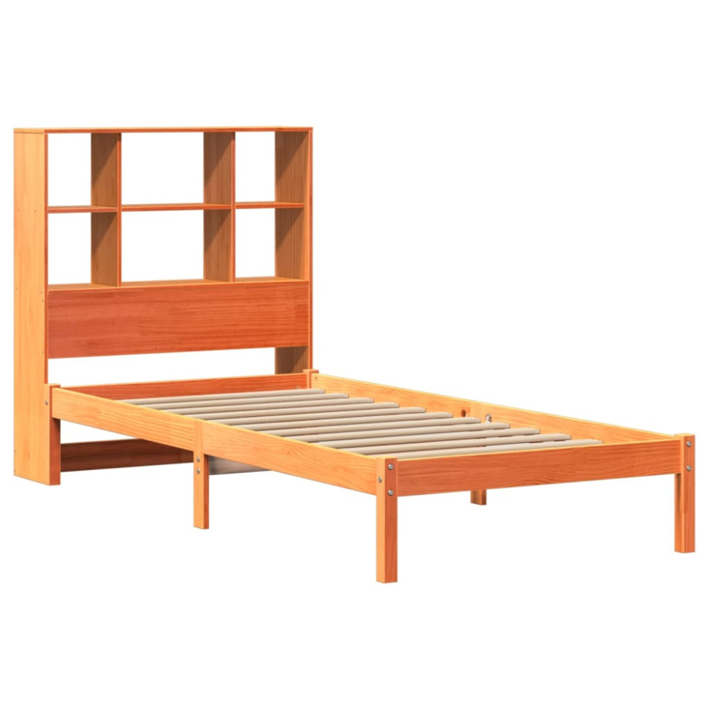 Produktbild för Säng med bokhylla utan madrass vaxbrun 75x190 cm massiv furu