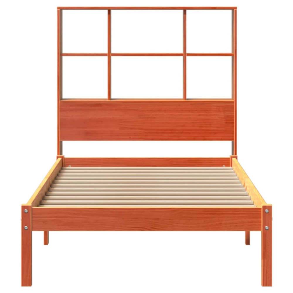 Produktbild för Säng med bokhylla utan madrass vaxbrun 75x190 cm massiv furu