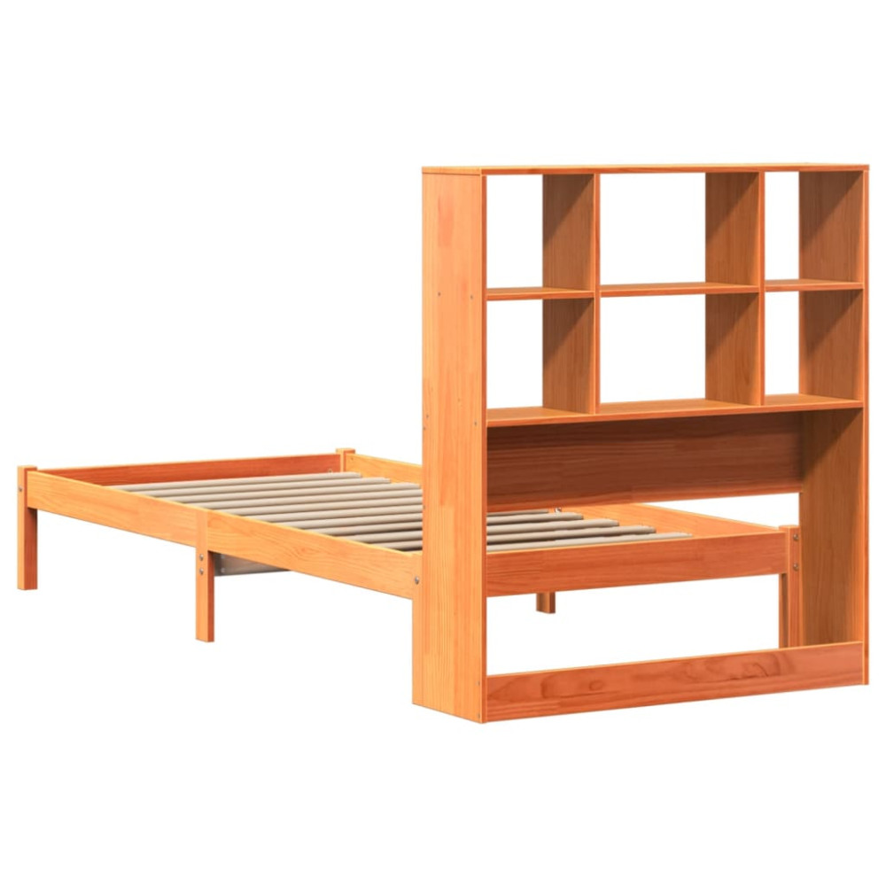 Produktbild för Säng med bokhylla utan madrass vaxbrun 75x190 cm massiv furu