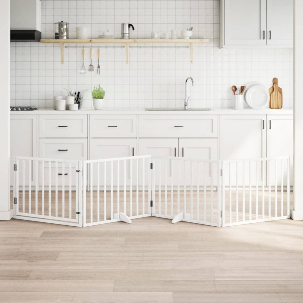 Produktbild för Hundgrind med dörr vikbar 4 paneler vit 320 cm poppel