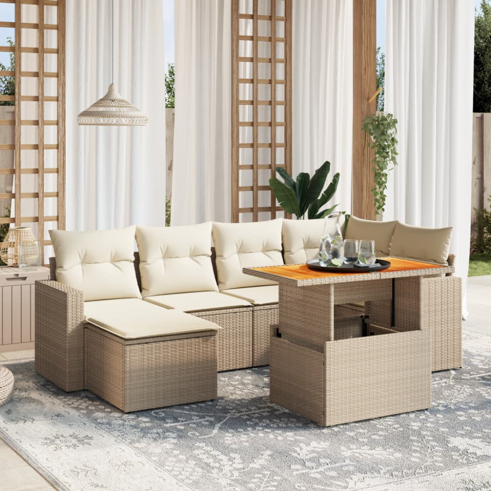 Produktbild för Matgrupp för trädgården med dynor 7 delar beige konstrotting