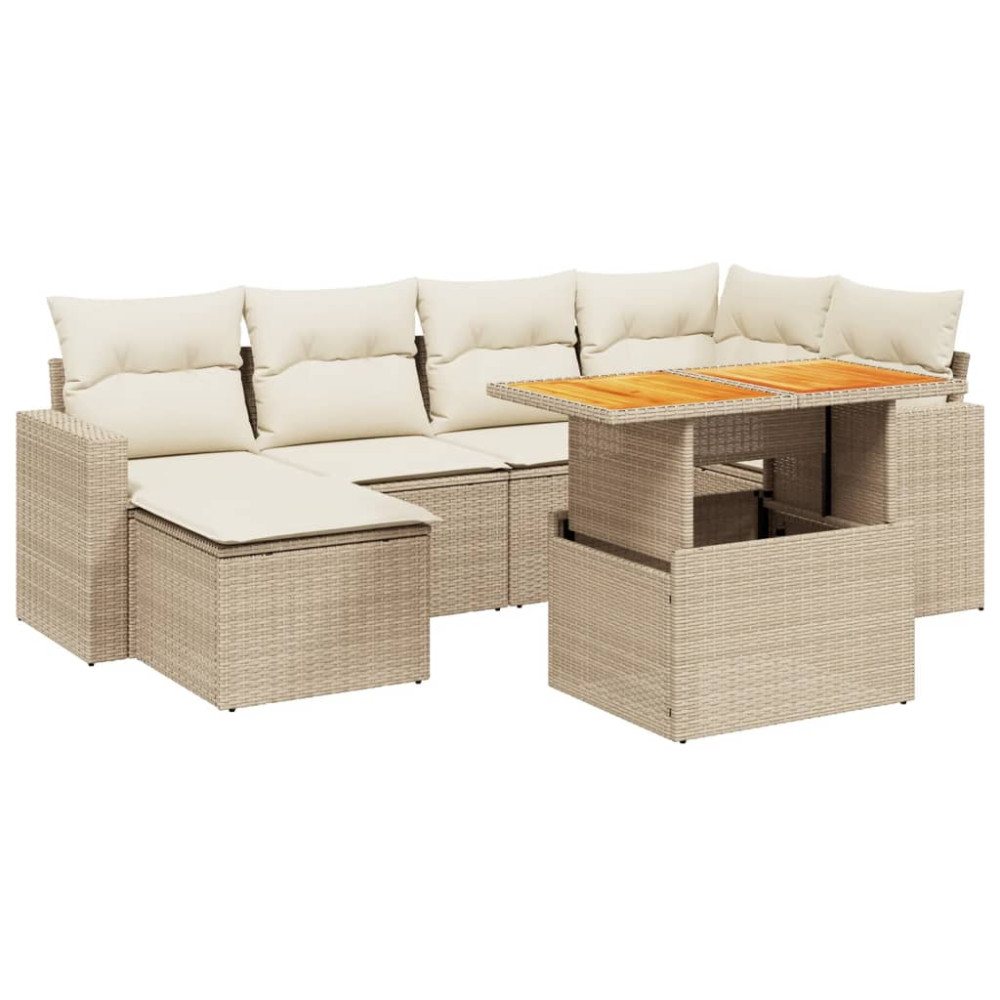 Produktbild för Matgrupp för trädgården med dynor 7 delar beige konstrotting