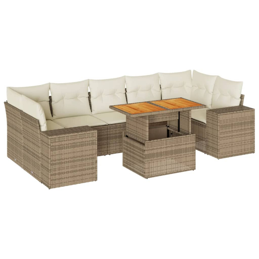 Produktbild för Matgrupp för trädgården med dynor 8 delar beige konstrotting