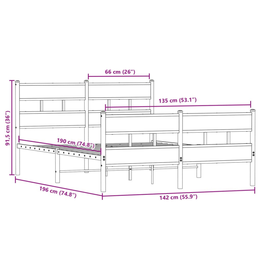Produktbild för Sängram utan madrass metall sonoma-ek 135x190 cm