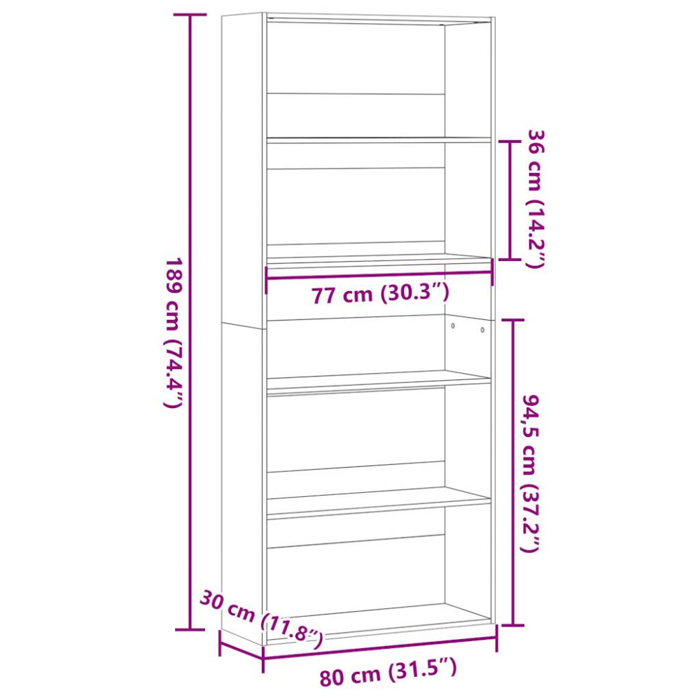 Produktbild för Bokhylla rökfärgad ek 80x30x189 cm konstruerat trä