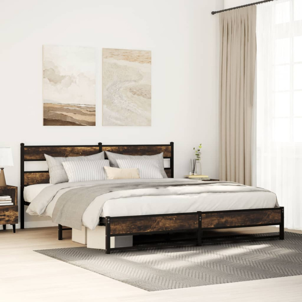 Produktbild för Sängram utan madrass metall rökfärgad ek 183x213 cm