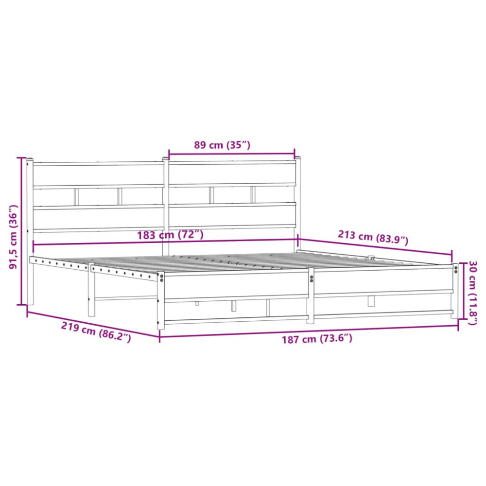 Produktbild för Sängram utan madrass metall rökfärgad ek 183x213 cm