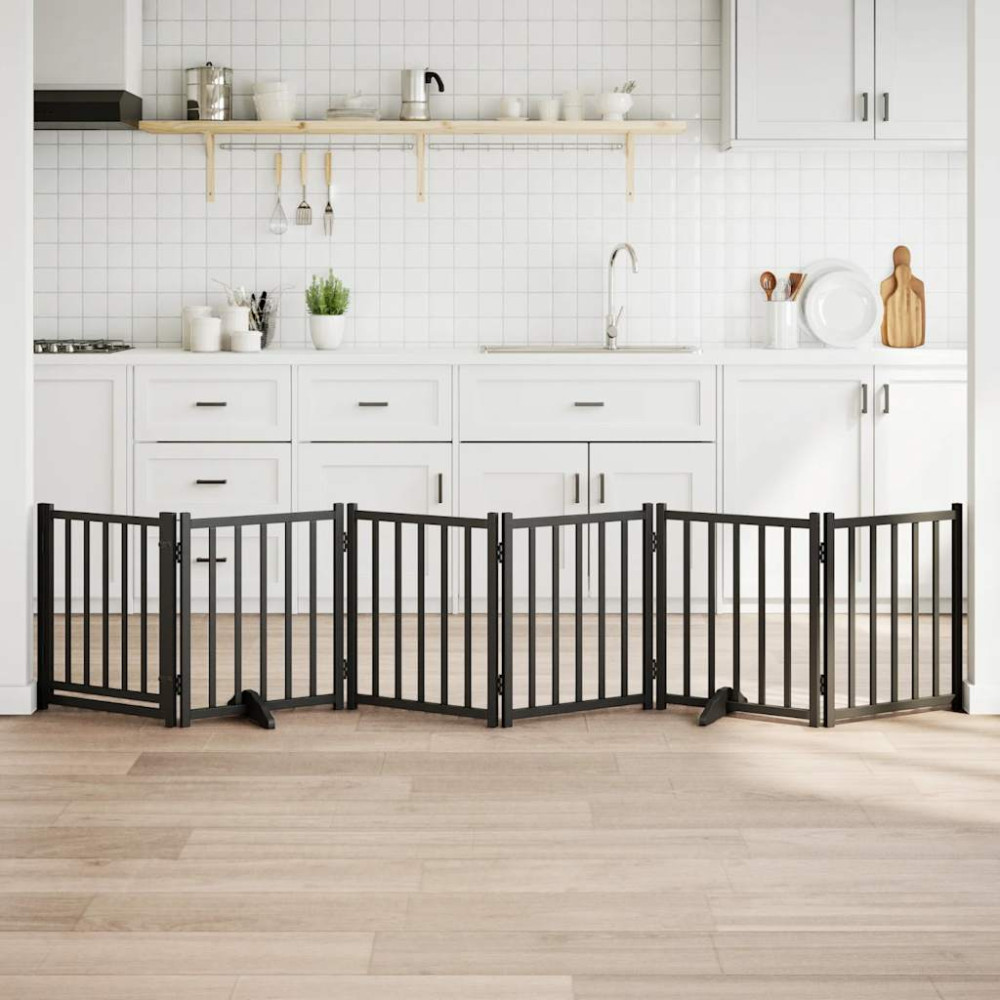 Produktbild för Hundgrind med dörr vikbar 6 paneler svart 300cm massivt granträ