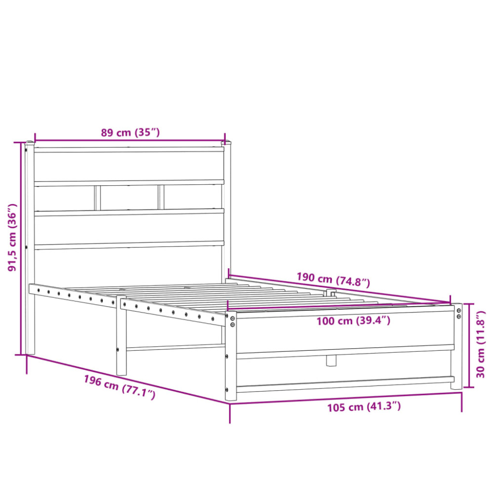 Produktbild för Sängram utan madrass metall sonoma-ek 100x190 cm