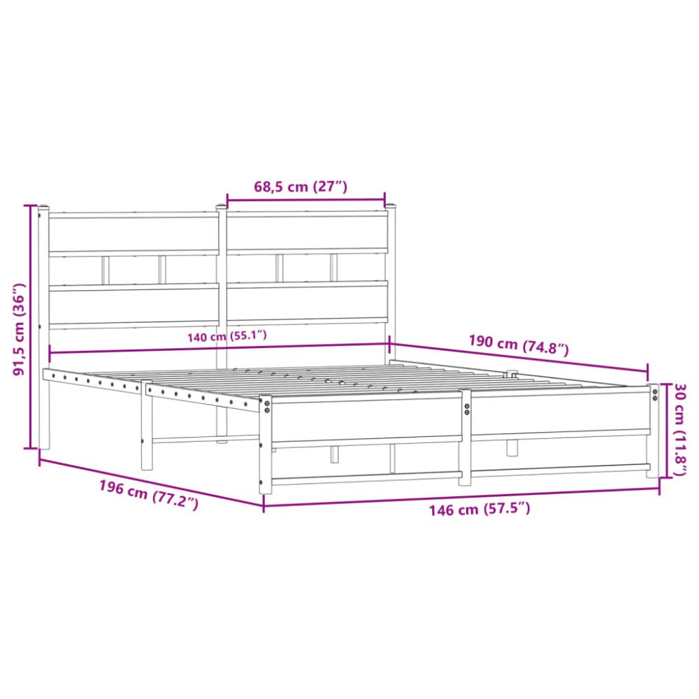Produktbild för Sängram utan madrass metall sonoma-ek 140x190 cm