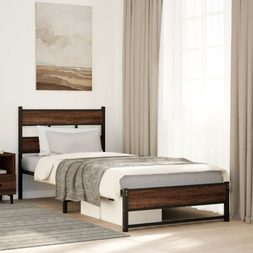 vidaXL Sängram utan madrass metall brun ek 107x203 cm