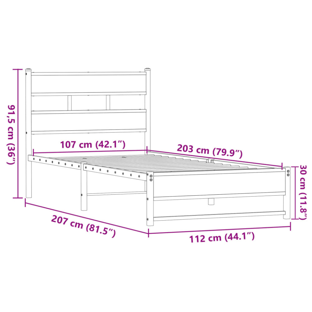 Produktbild för Sängram utan madrass metall brun ek 107x203 cm