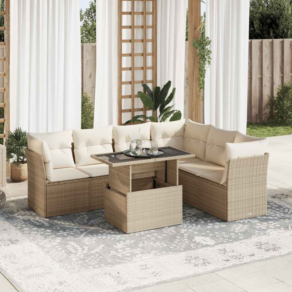 Produktbild för Matgrupp för trädgården med dynor 7 delar beige konstrotting