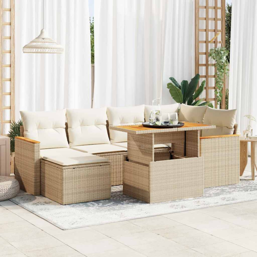 Produktbild för Trädgårdssoffset med dynor 7 delar beige konstrotting akaciaträ