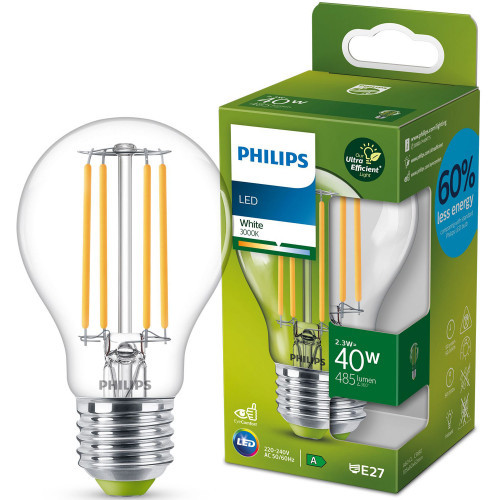 Philips LED E27 Normal 40W Klar 485lm 3000K Energiklass A (Skadad)