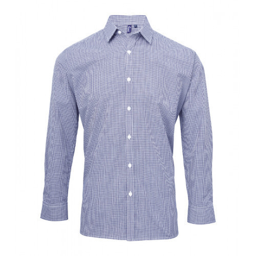 Premier Men´s Microcheck Gingham LS Cotton Shirt Navy/White