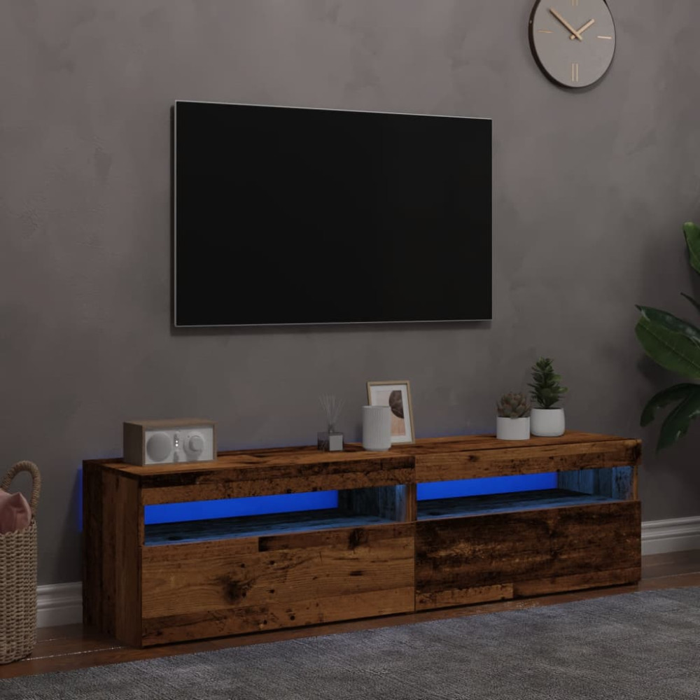 Produktbild för TV-bänk med LED-belysning 2 st åldrat trä konstruerat trä