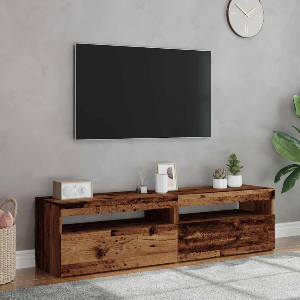 Produktbild för TV-bänk med LED-belysning 2 st åldrat trä konstruerat trä