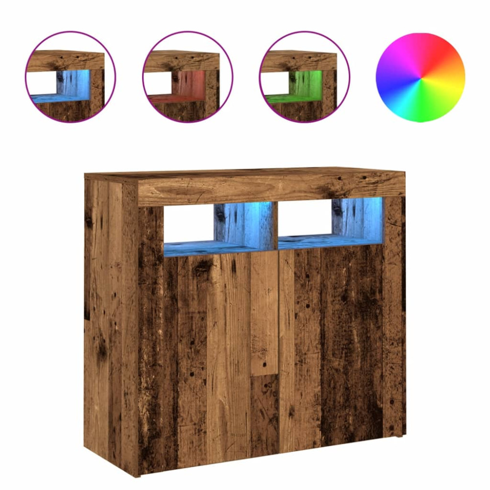 Produktbild för Skänk med LED-belysning åldrat trä 80x35x75 cm konstruerat trä