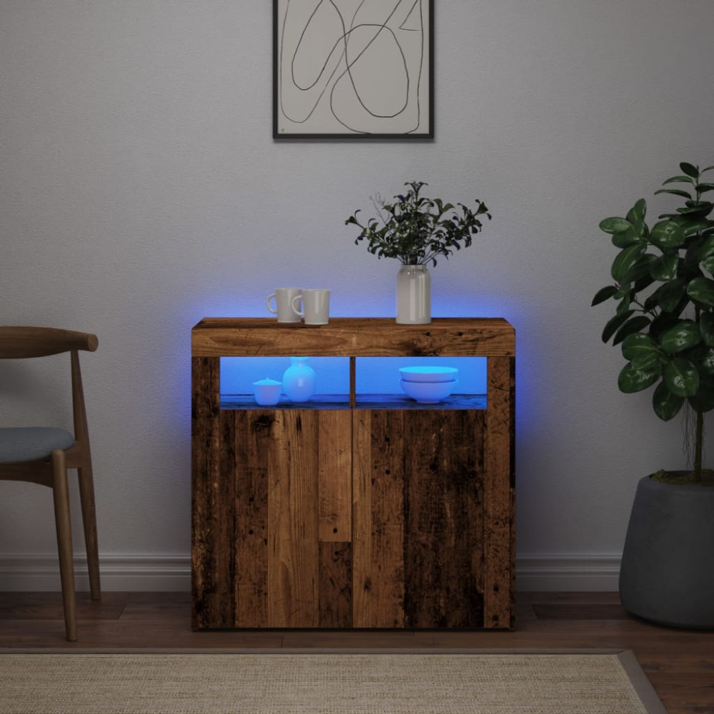 Produktbild för Skänk med LED-belysning åldrat trä 80x35x75 cm konstruerat trä